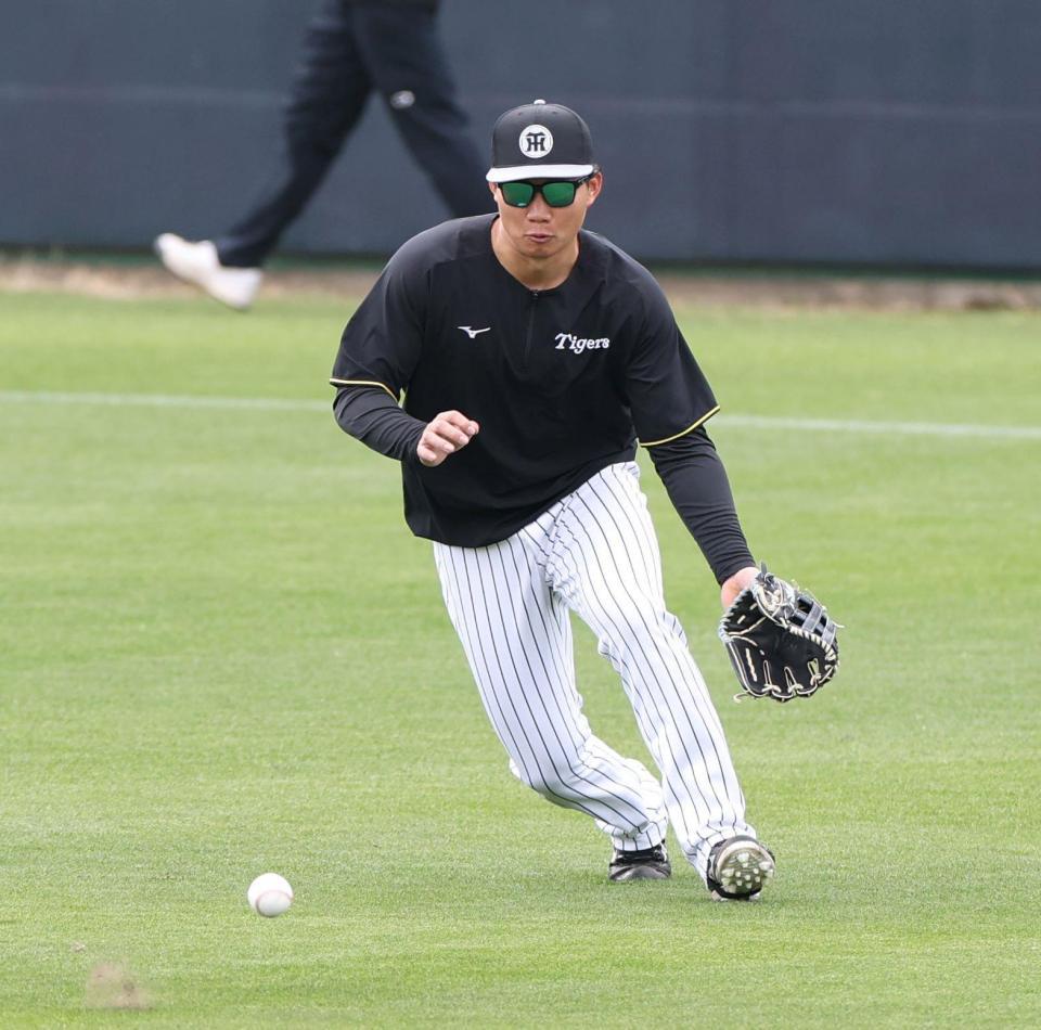 　打撃練習の打球を処理する森下（撮影・中田匡峻）