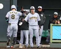 　５回、勝ち越しソロを放ち生還した佐藤輝を迎える大山。奥は藤川監督（撮影・中田匡峻）