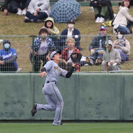 　４回、板山の飛球を処理するセンターの高寺（撮影・中田匡峻）