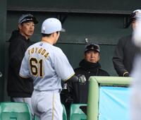 　７回、生還した豊田を見つめる藤川監督（撮影・中田匡峻）