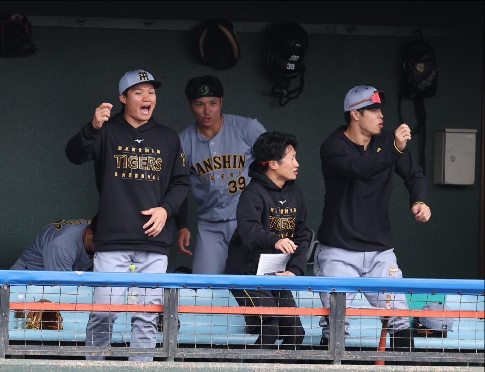 　７回、ヘルナンデスの安打で盛り上がる森下と佐藤輝（右）＝撮影・中田匡峻