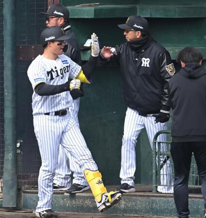 　６回、森下を迎える藤川監督（撮影・飯室逸平）