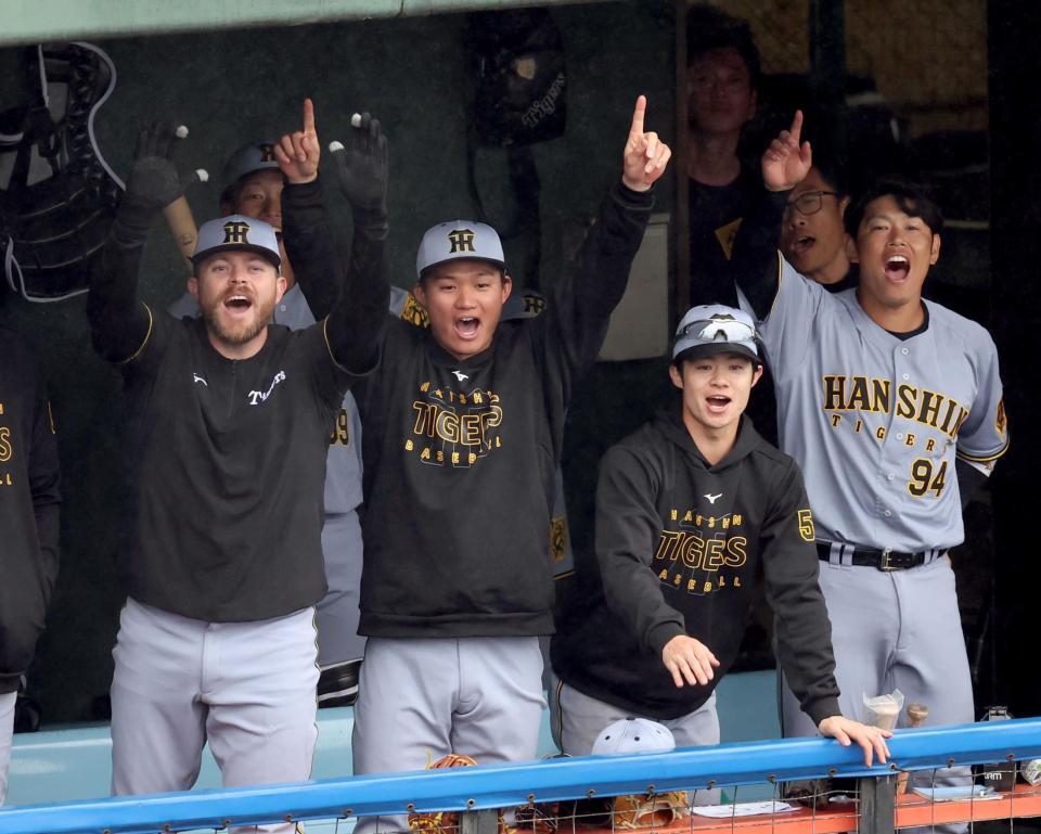 　８回、味方打線が得点すると両手を上げて大喜びする森下（左から２人目）＝撮影・田中太一