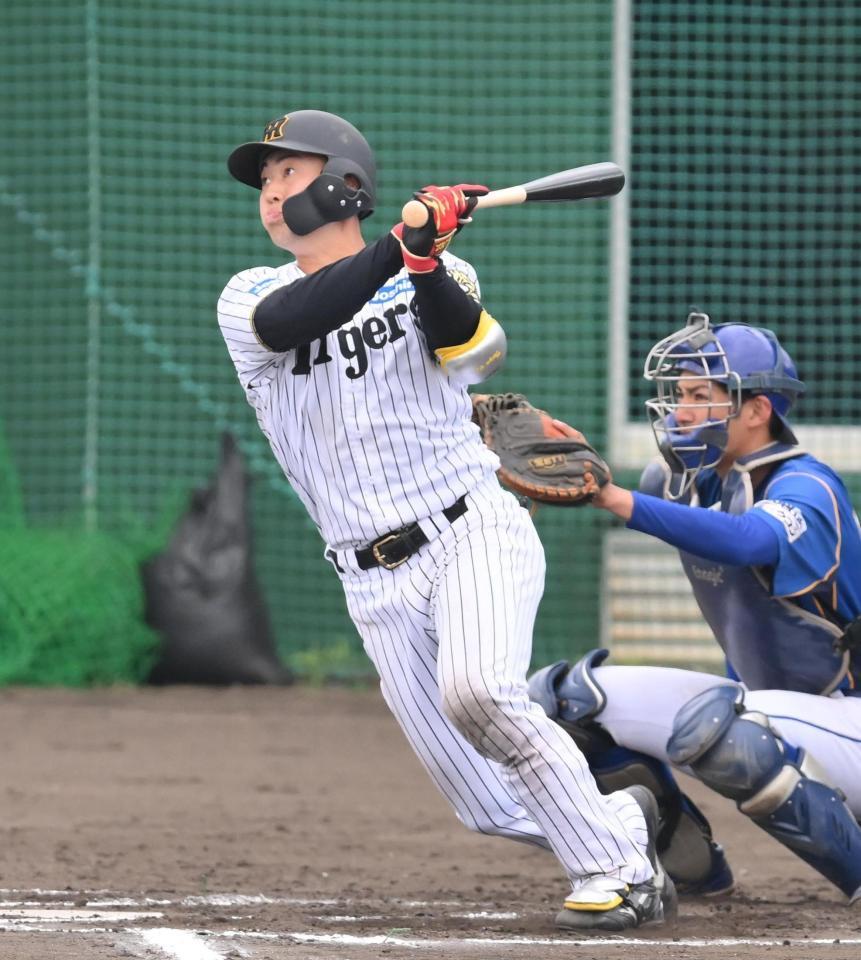 　６回、右前打を放つ佐野（撮影・西田忠信）