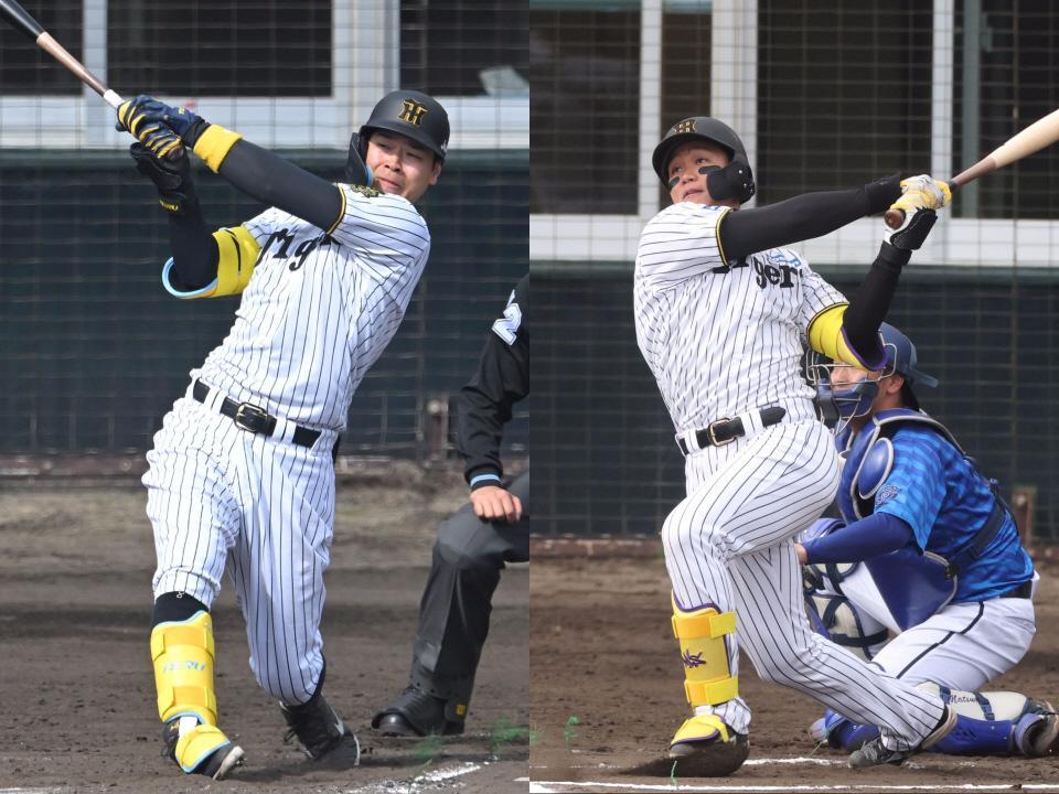 　阪神・佐藤輝（左）と森下