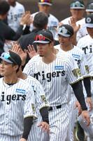 　沖縄キャンプを終え、タッチを交わす佐藤輝（中央）＝撮影・北村雅宏