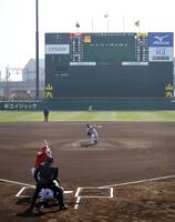 　初球を投じる門別（撮影・山口登）