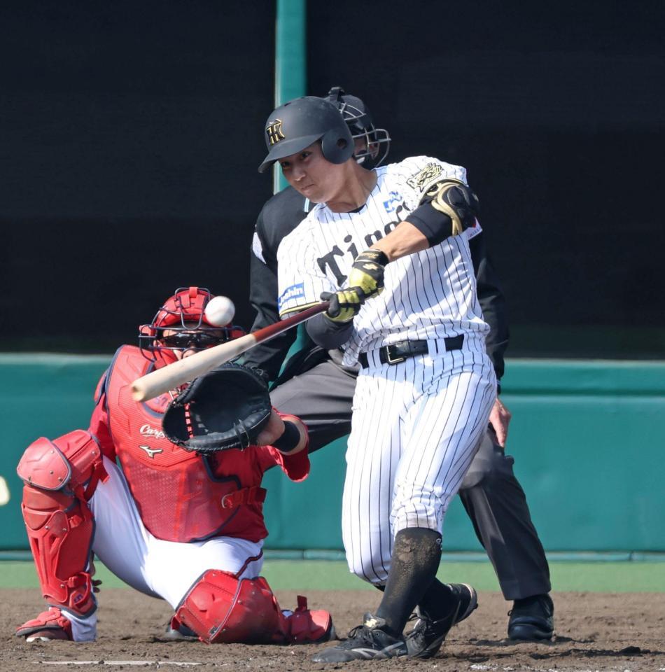 　５回、左前打を放つ井坪（撮影・中田匡峻）