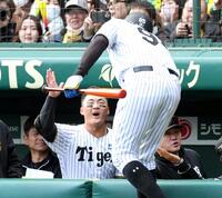 　５回、ソロを放ったヘルナンデスを笑顔で迎える前川（撮影・田中太一）