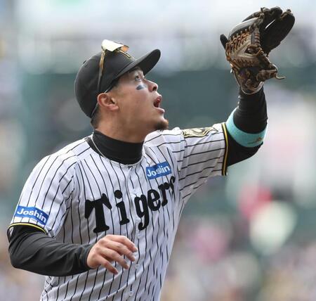 　７回、戸柱の打球を捕る佐藤輝（撮影・田中太一）