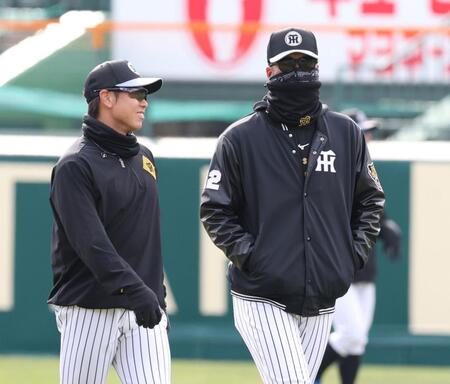 　梅野（左）と話す藤川監督（撮影・中田匡峻）