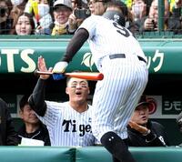 　５回、ソロを放ったヘルナンデスを笑顔で迎える前川（撮影・田中太一）