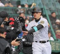 　７回、大山の適時二塁打で生還し、ナインとタッチを交わす佐藤輝（撮影・北村雅宏）