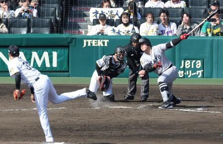 　４回、代打で出場した岡本は空振り三振（撮影・中田匡峻）