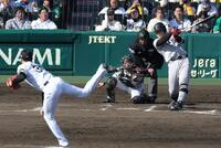 　７回、空振り三振に倒れる岡本（撮影・中田匡峻）