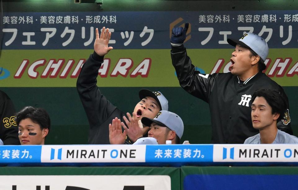 　９回、前川が内野安打を放ちベンチでおどけた表情を見せる佐藤輝（撮影・堀内翔）