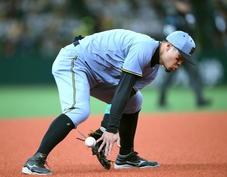 　６回、セデーニョの打球をファンブルする佐藤輝（撮影・堀内翔）