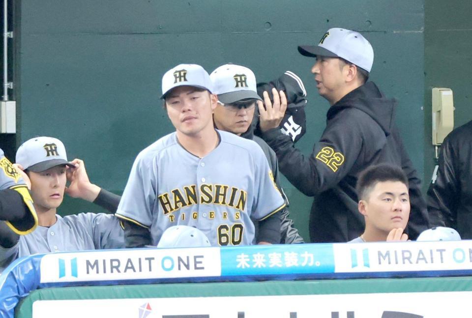 　西武に完封負けし、急ぎ足で引き上げる藤川監督（右上）＝撮影・西岡正