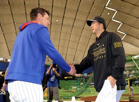　カウンセル監督（左）と握手する藤川監督（撮影・西岡正）