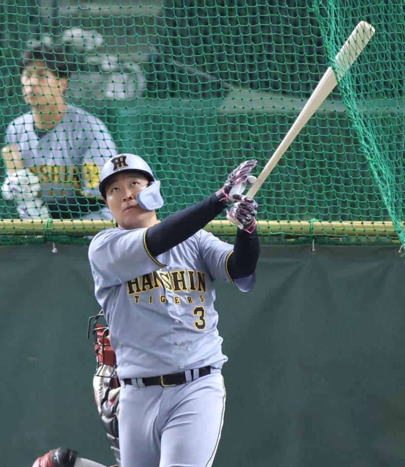 　打撃練習を行う大山（撮影・西岡正）