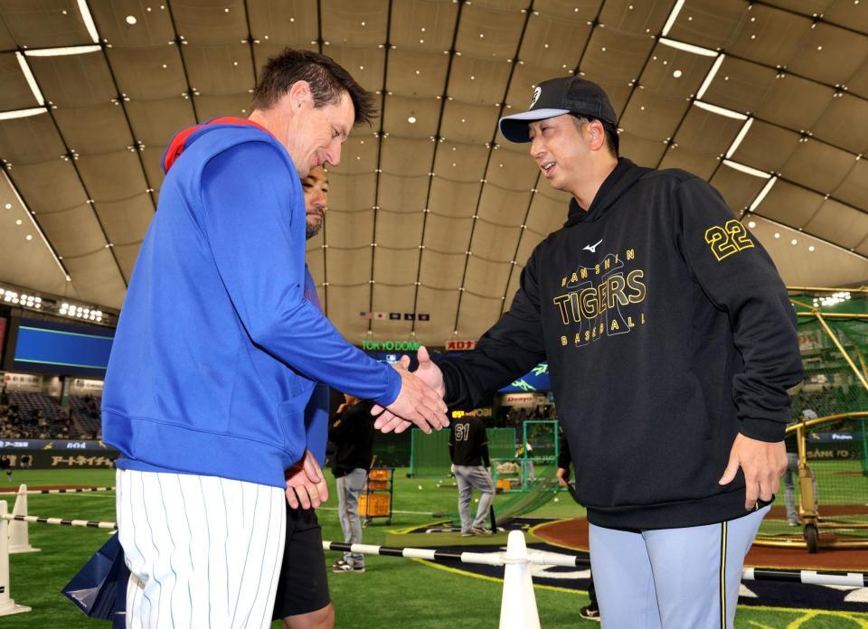 　カウンセル監督（左）と握手する藤川監督（撮影・西岡正）