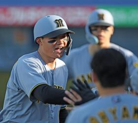 　７回、木浪の同点２点適時打で生還し、ナインとタッチを交わす森下（撮影・中田匡峻）