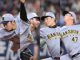 　（左から）石井、ゲラ、岩崎、桐敷の４投手
