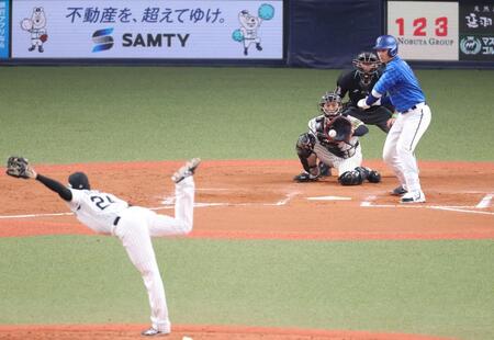 　８回、見逃し三振に倒れる山本（投手は工藤、捕手は坂本）＝撮影・中田匡峻