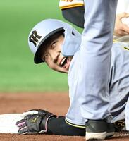 　３回、三塁に戻り間一髪でセーフになり、安堵（あんど）の表情を見せる大山（撮影・中田匡峻）