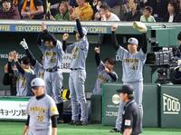 　７回、追加点に沸く村上（右端）ら阪神ナイン（撮影・金田祐二）