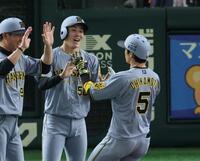 ３回、２ランを放った近本（右）を迎える富田（中央）＝撮影・金田祐二