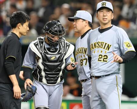 　７回、門脇のファウルチップが当たり、治療のためベンチに戻る梅野（左から２人目）。右端は藤川監督（撮影・中田匡峻）