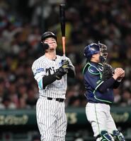 　８回、空振り三振に倒れる佐藤輝（撮影・田中太一）