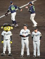 　ヤクルトに惜敗しグラウンドに整列する藤川監督（中央）＝撮影・立川洋一郎