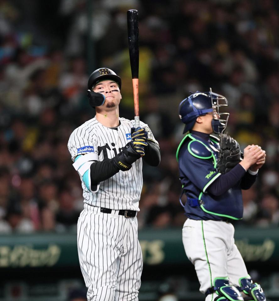 　８回、空振り三振に倒れる佐藤輝（撮影・田中太一）