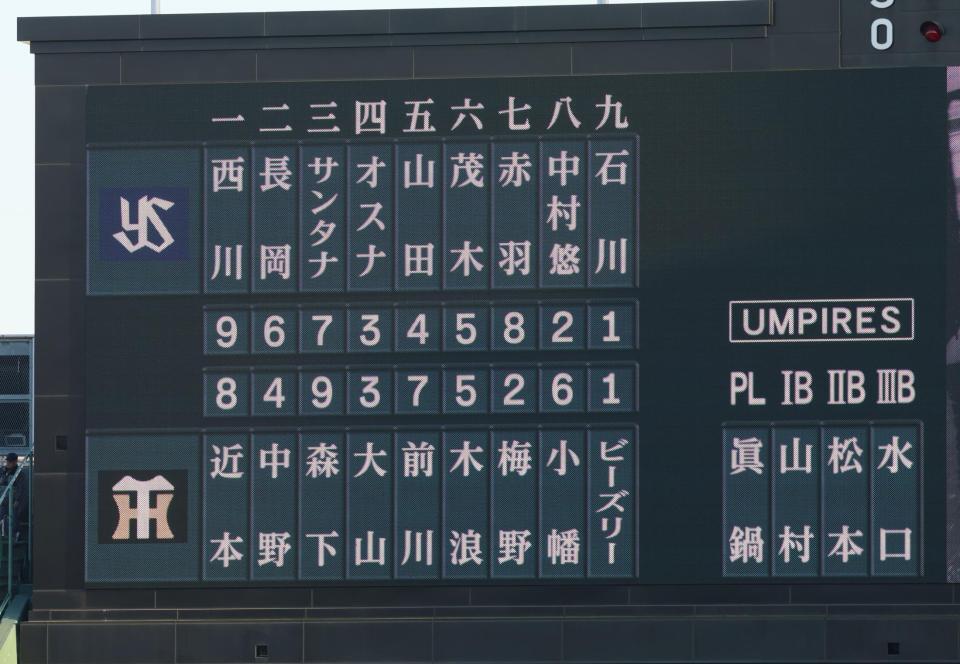 　阪神対ヤクルト２回戦スターティングメンバー（撮影・立川洋一郎）
