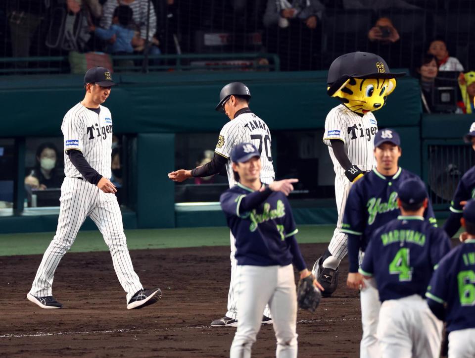 　ヤクルトに連敗し、足取り重くベンチ前に整列に向かう藤川監督（左端）＝撮影・山口登