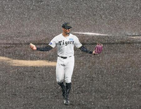 　３回表、降雨中断後、マウンドに上がったが再び激しい雨が降り出しベンチへ引き揚げるデュプランティエ（撮影・立川洋一郎）