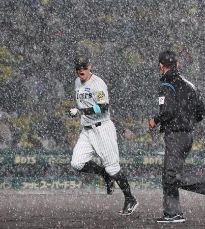　３回途中、一端グラウンドに出たものの再び雨が降り出し、慌ててベンチに戻る佐藤輝（撮影・北村雅宏）