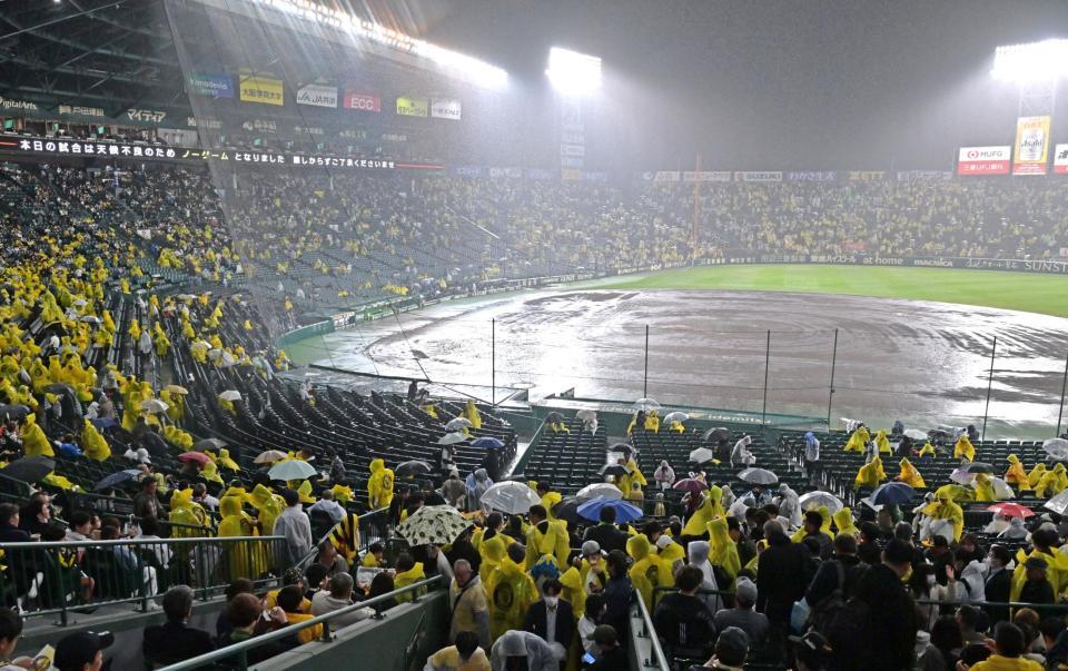 　降雨のためにノーゲームとなり球場を後にするファン（撮影・立川洋一郎）