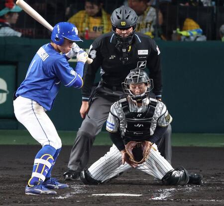 　３回、岡林の打席の際に投球が坂本の防具に挟まる（撮影・中田匡峻）