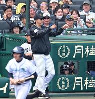 　１回、リクエストする藤川監督（撮影・飯室逸平）