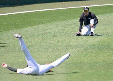 　才木とキャッチボールする門別（撮影・飯室逸平）