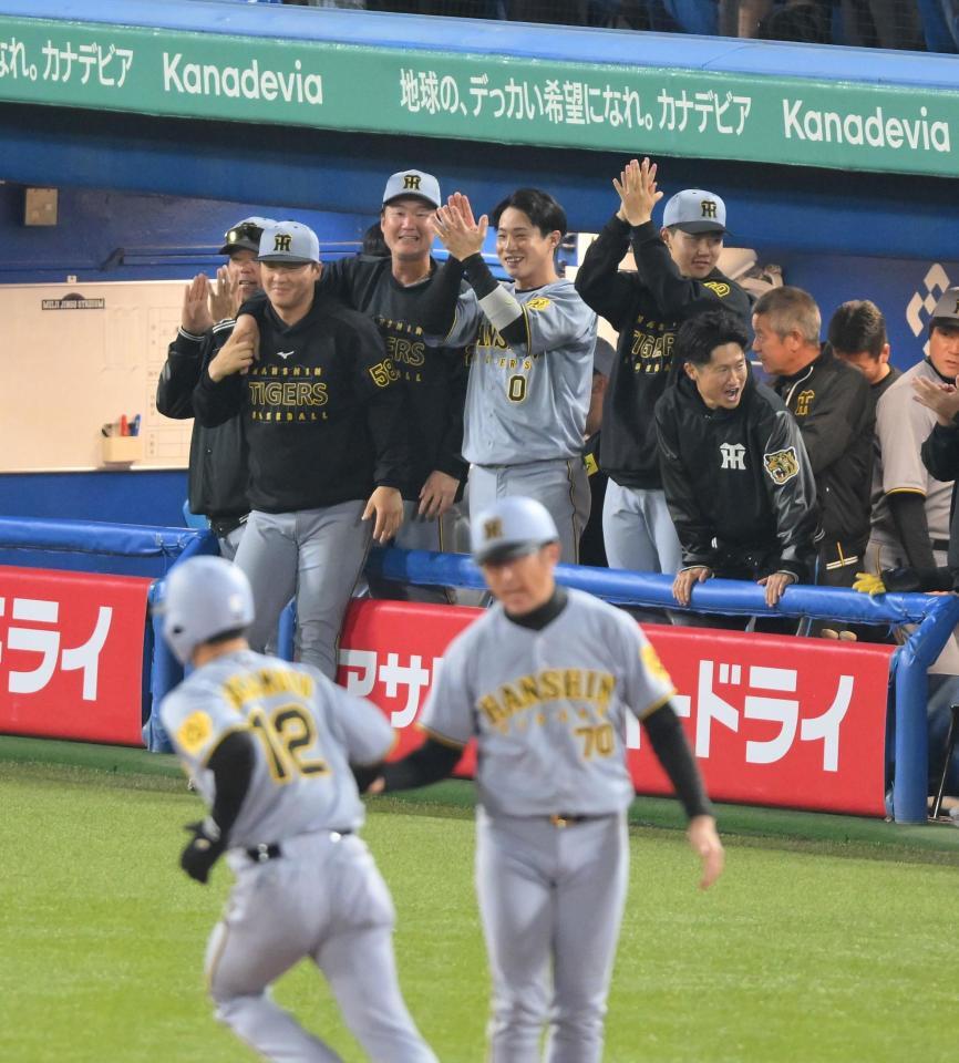 　１１回、近本の勝ち越し２ランに喜ぶ木浪（中央）ら阪神ナイン（撮影・伊藤笙子）