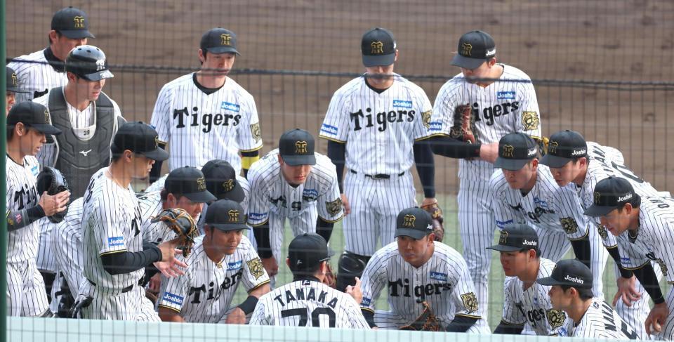 　試合前、円陣を組む阪神ナイン（撮影・北村雅宏）
