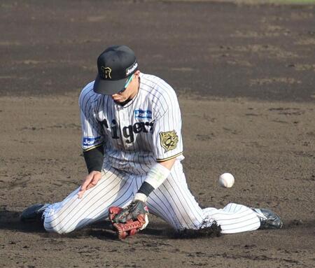 　９回、中村奨のゴロを後逸する木浪（撮影・北村雅宏）