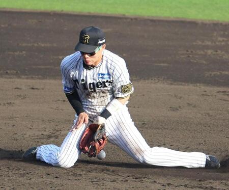 　９回、中村奨のゴロを後逸する木浪（撮影・北村雅宏）