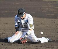 　９回、中村奨のゴロを後逸する木浪（撮影・北村雅宏）