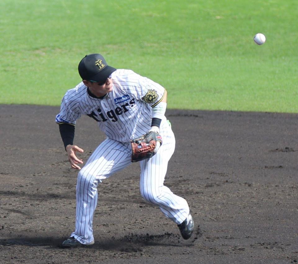 　２回、ファビアンのゴロをはじく木浪（撮影・北村雅宏）