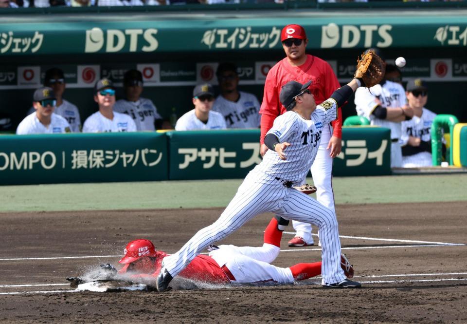 　２回、矢野が遊内野安打で一塁にヘッドスライディングし、大山は木浪からの送球が悪送球になり捕球できず（撮影・山口登）